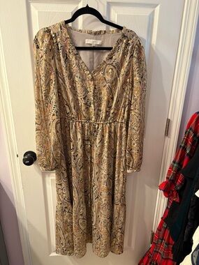 LOFT Beige Paisley Midi Dress with V-Neck